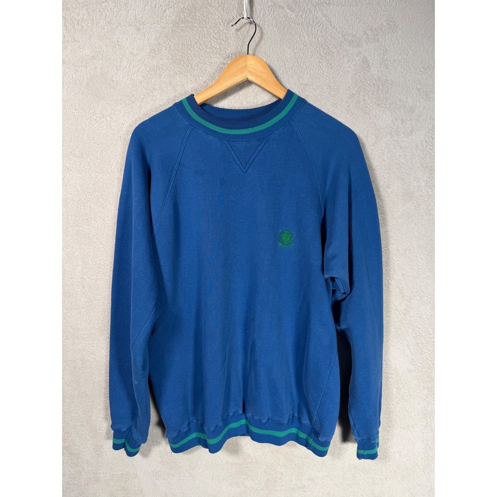 Vintage Ivanhoe Blue Green Striped Crewneck Sweatshirt Embroidered Crest Large